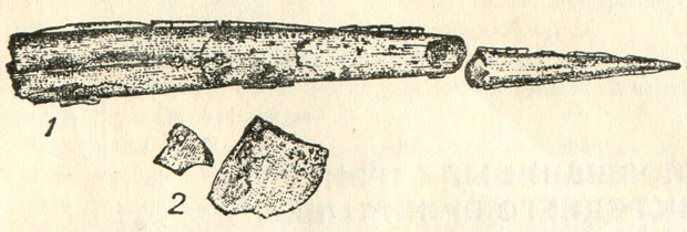 Находки из палеолитической стоянки Черноземья: 1 - костяной кинжал с кремниевыми вкладышами; 2 - костяные подвески.