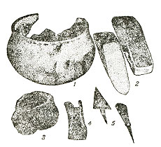 Керамика и орудия труда из Мурлинского городища: 1. - глиняный сосуд; 2 - мотыга из рога; 3 - льячка (ложечка для разливания расплавленного металла); 4 - топорик; 5 - наконечники стрел.